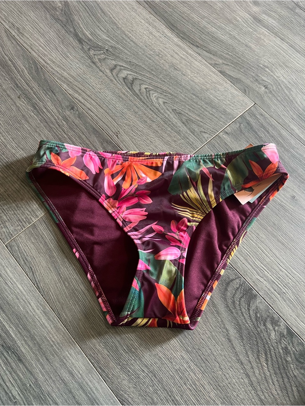 Shade & Shore Burgundy Floral Bikini Bottoms with Pink & Green Accents